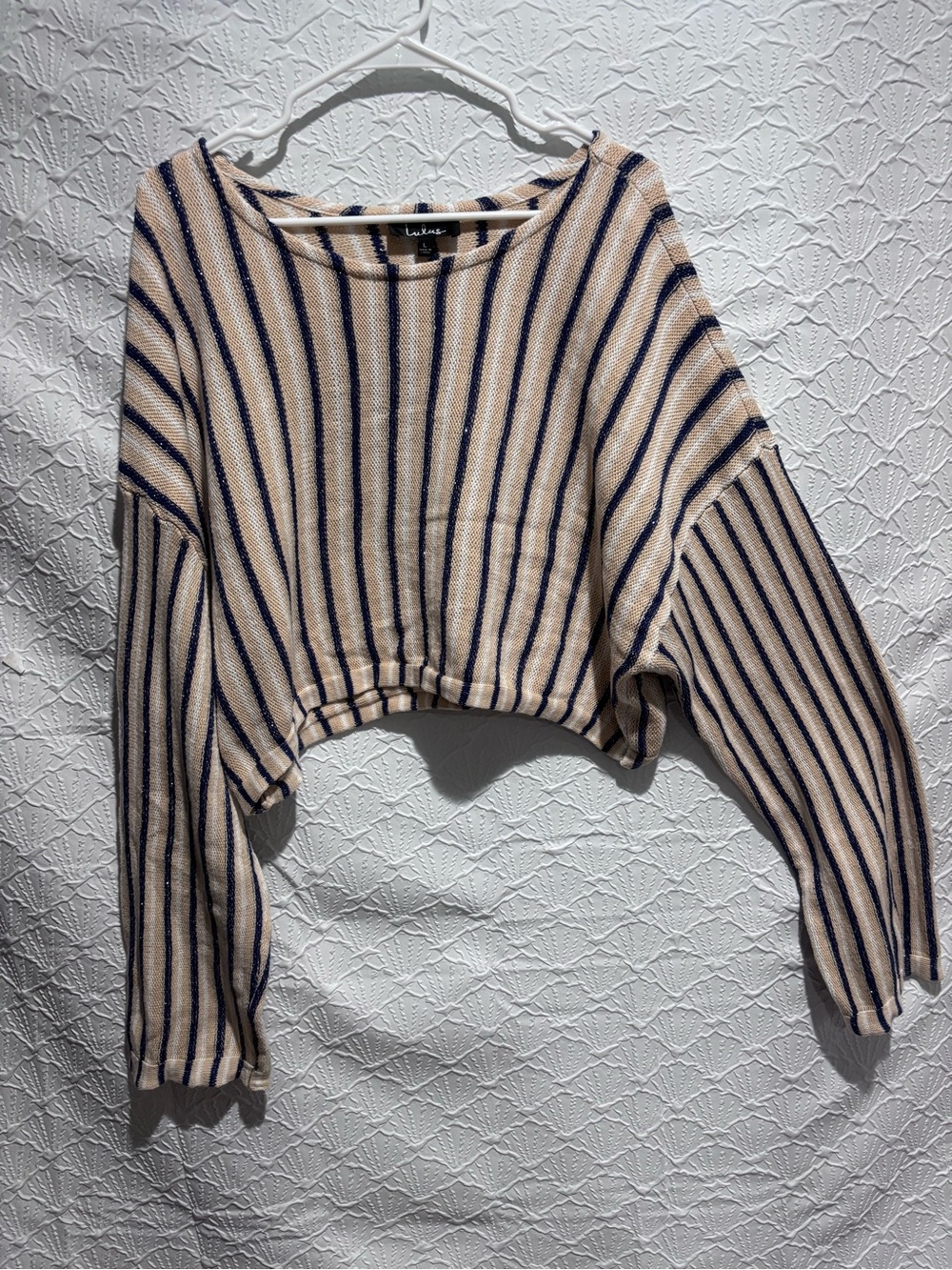 Lulus Striped Dolman Sleeve Cropped Sweater Top  L Coastal Nautical 100% Cotton